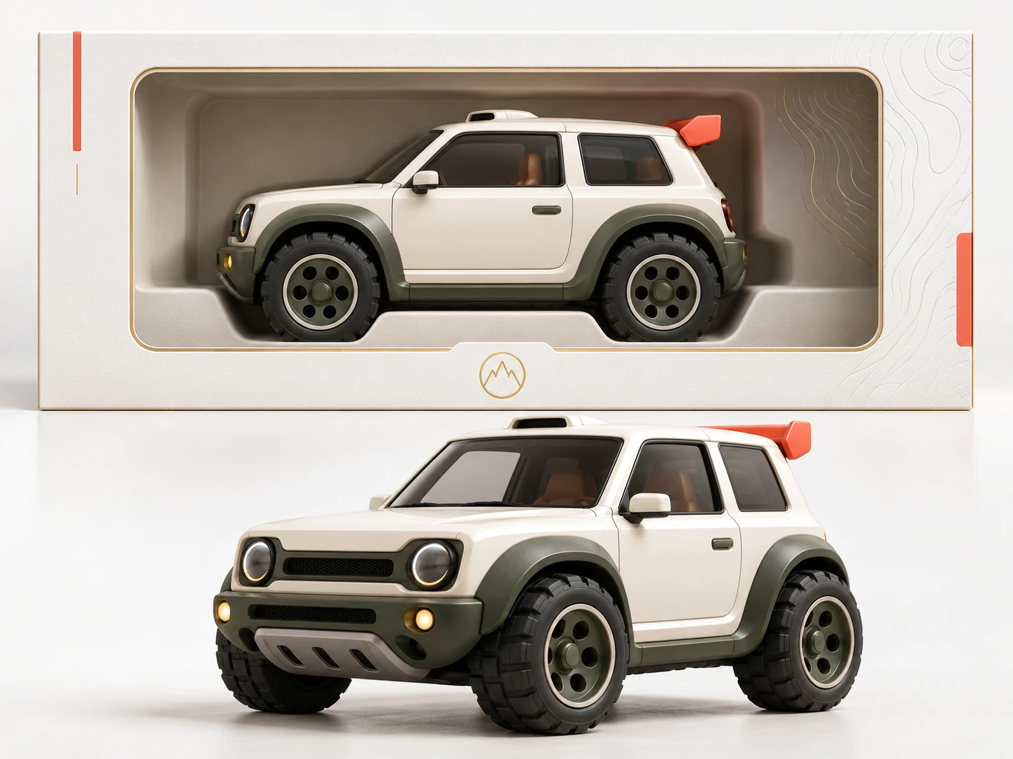 The toy rally car in its retail packaging, with the car standing in front of the box