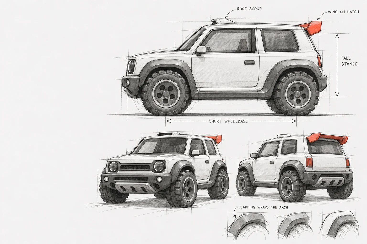 Concept sketch sheet of a toy rally car